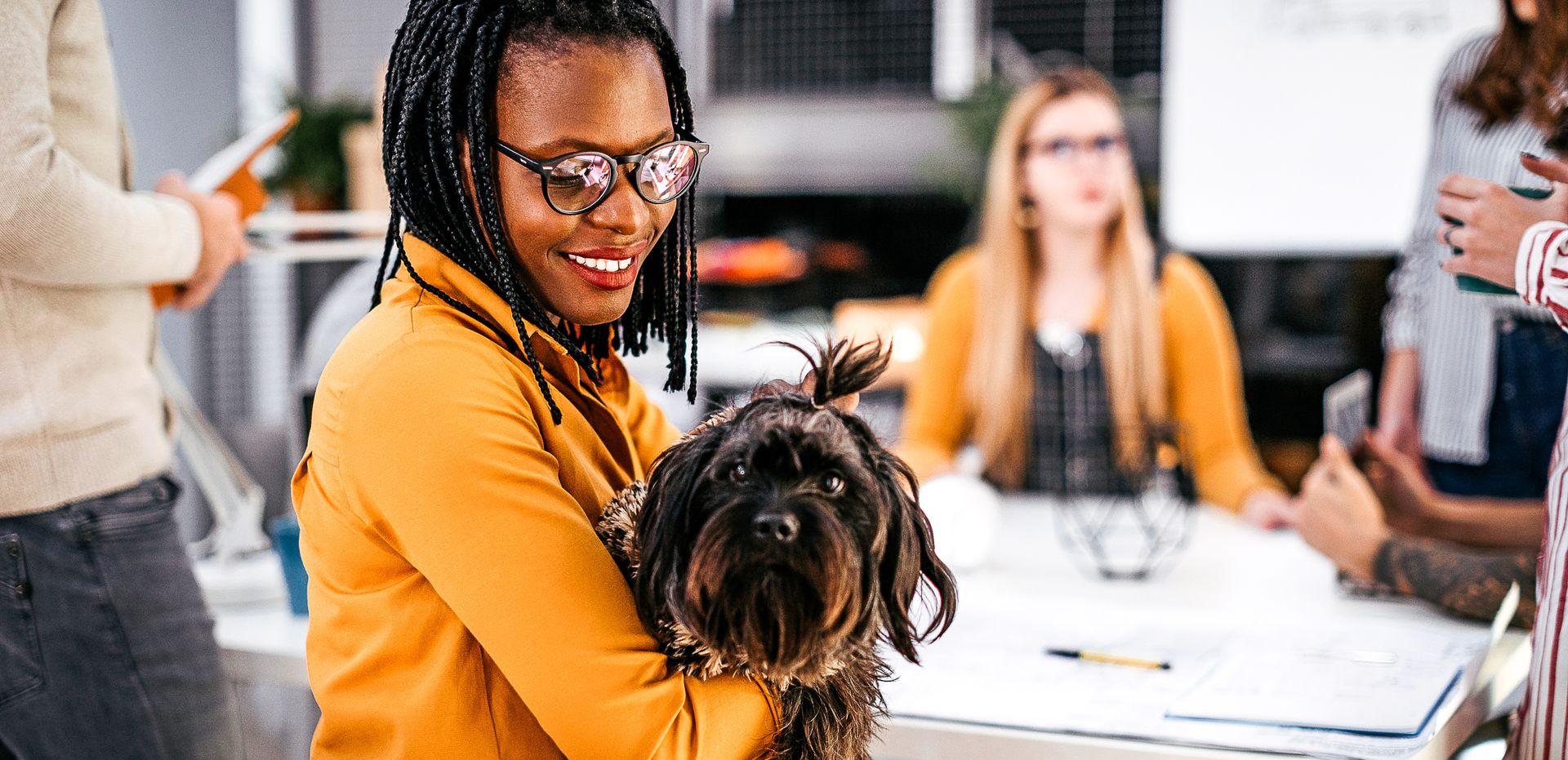Live Light | Woman smiling during a meeting at work with coworkers and dog Live Light | Woman smiling during a meeting at work with coworkers and dog