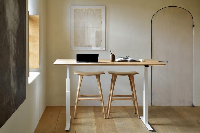 Bok adjustable desk and Oak Osso bar stools | Live Light