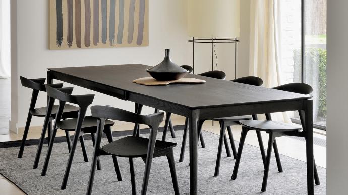Oak Bok black extendable dining table and Bok dining chairs | Live Light