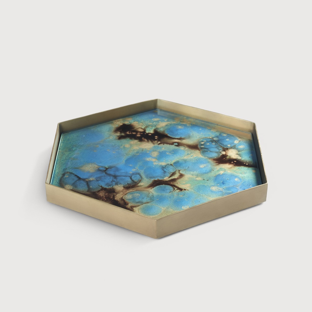 Teal Organic glass valet tray - metal rim 