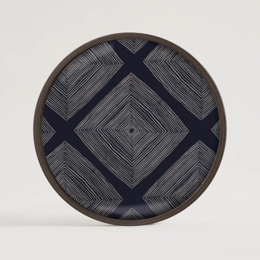 [20922*] Ink Linear Squares glass valet tray - wooden rim - round
